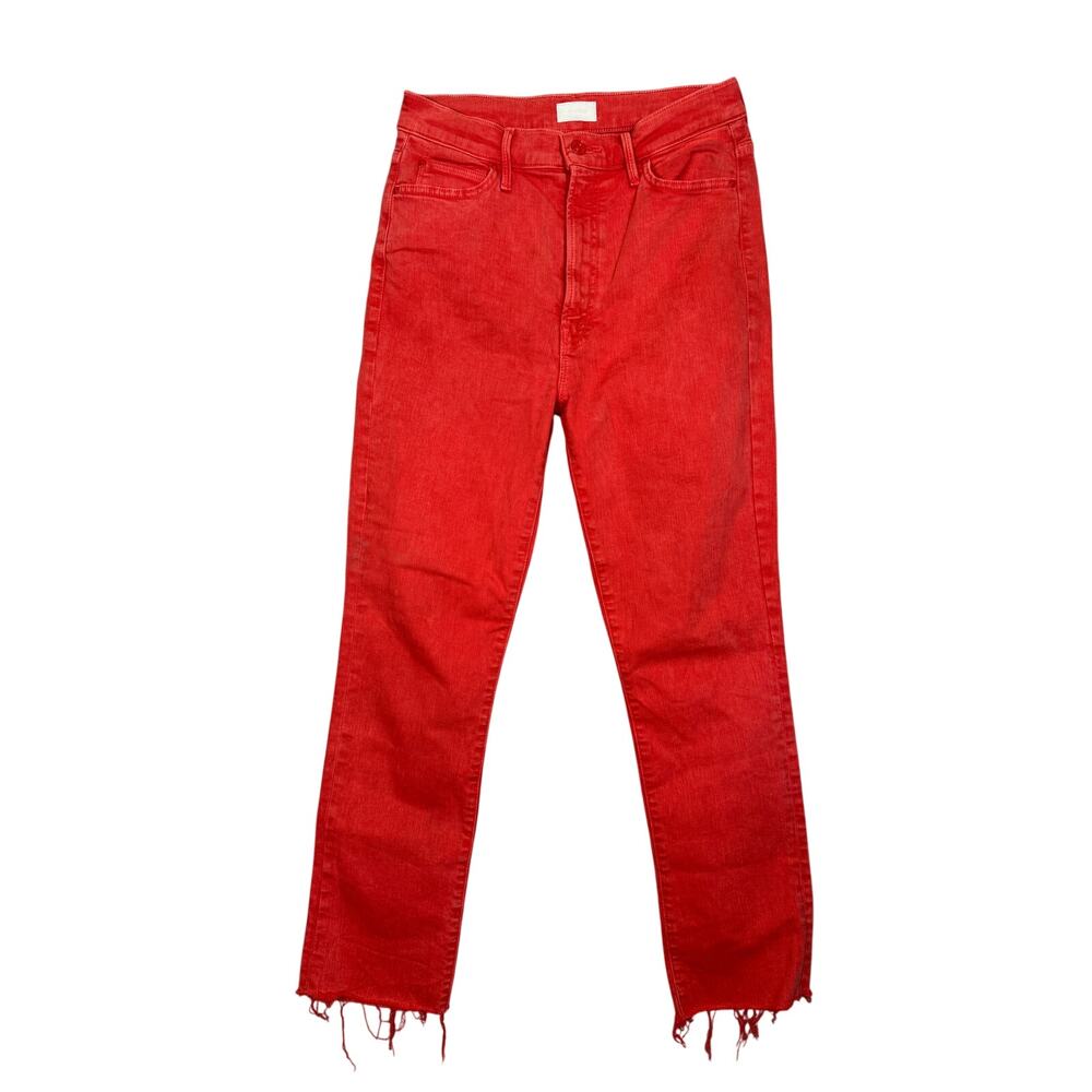 MOTHER Jeans Swooner Rascal Ankle High Rise Straight Fray Denim Red Orange 28
